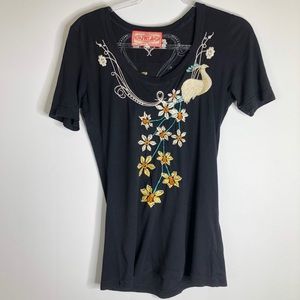 Johnny Was JWLA Black Embroidered Tee Small